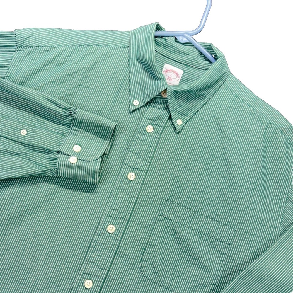 Brooks‎ Brothers 346 Shirt Mens L Green White Stripe Button Down Cotton Pocket